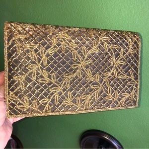 Shoulder or Clutch Gold Beaded Satin on Bronze Satin Evening Bag Purse~~Flawless